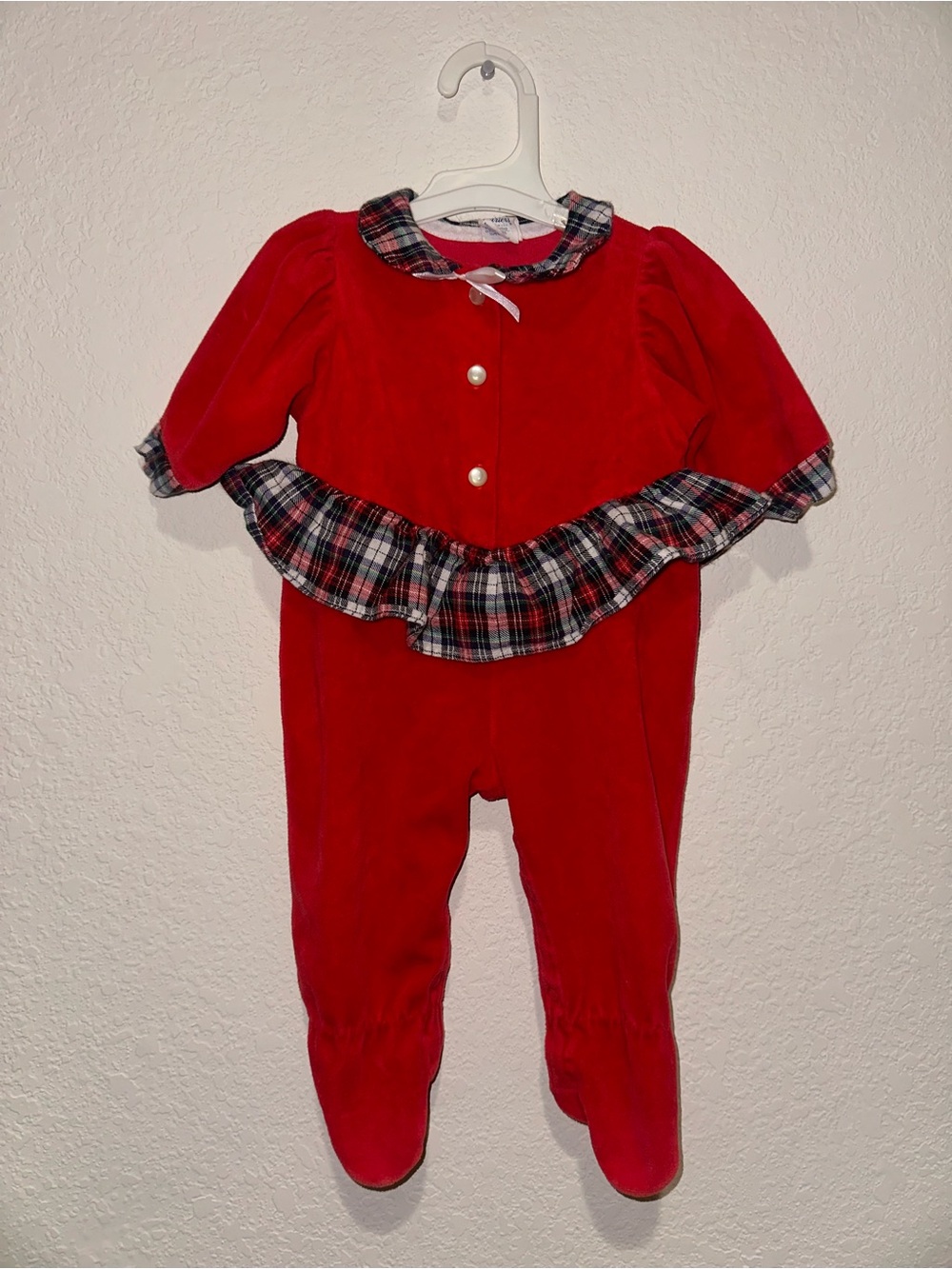Vintage Carters Christmas Red Plaid-Trim Velvet Baby One-Piece 6 Months